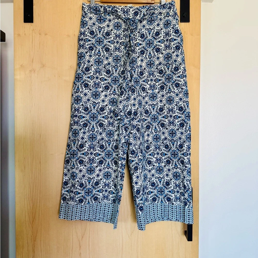 Joie Linen Blend Wide Leg Cropped Blue White Boho Tie Waist Pant Size 10. - Picture 1 of 7